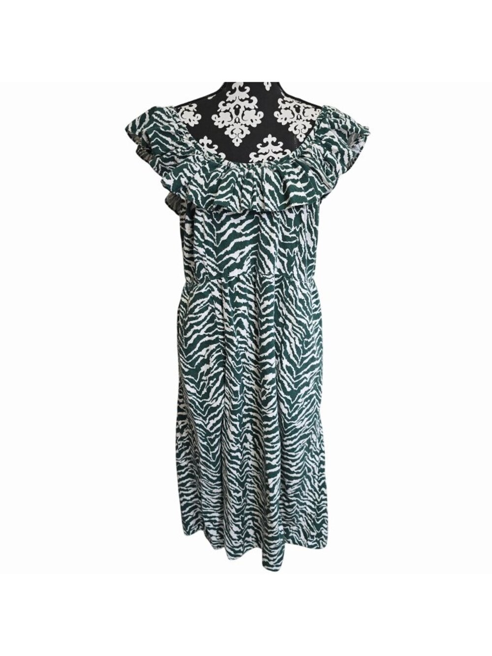 Ava & Viv XXL Midi Dress Green Zebra Print Off-Shoulder Linen Blend Boho